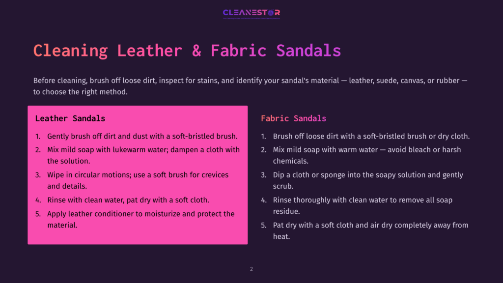 Cleaning Leather &Amp; Fabric Sandals: Guide To Cleaning Leather And Fabric Sandals, With Steps For Gentle Cleaning, Stain Removal, And Conditioning.