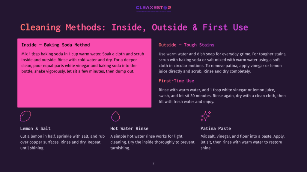 A Graphic Showing Various Cleaning Methods Including Baking Soda, Hot Water Rinse, Lemon And Salt, And Patina Paste. The Text Explains How To Use Baking Soda Inside And Outside, The Benefits Of Hot Water Rinse, And The Application Of Lemon And Salt Or Patina Paste For Specific Cleaning Tasks.