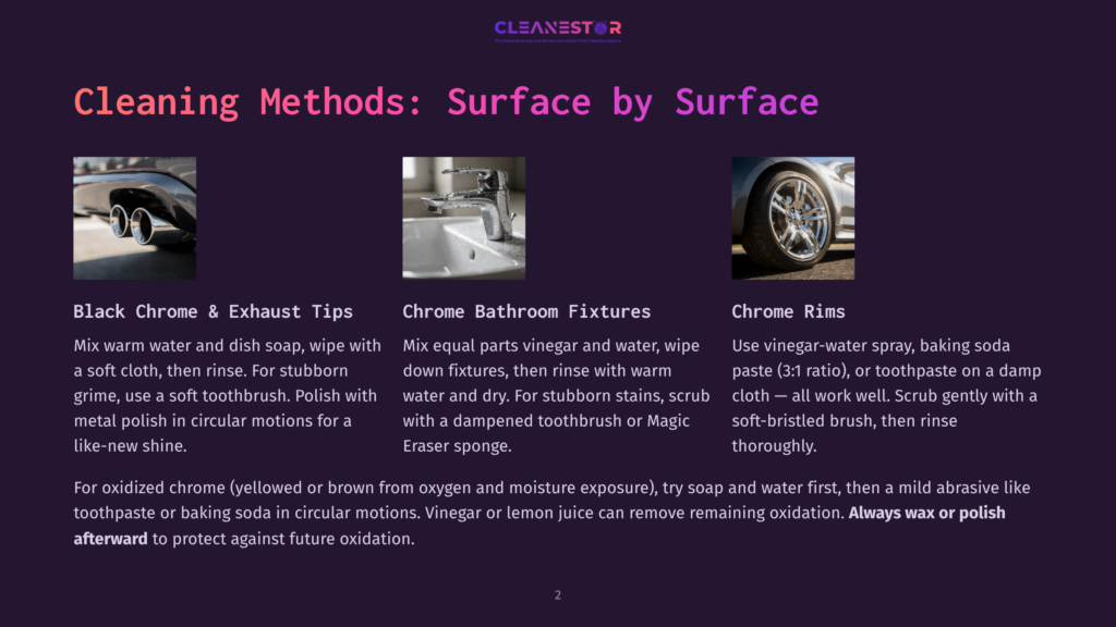 Cleaning Methods For Chrome And Rims: Exhaust Tips, Bathroom Fixtures, And Car Rims. Text Details Cleaning Tips For Chrome, Bathroom Fixtures, And Rims.