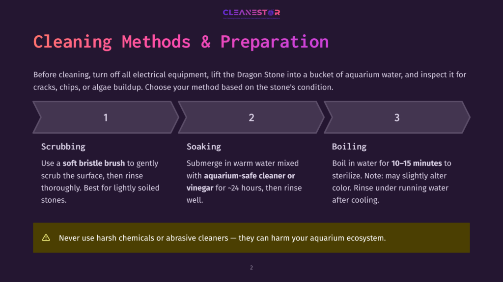 Diagram Outlining Three Cleaning Methods For Aquarium Decorations: Scrubbing With A Soft Brush, Soaking In Aquarium-Safe Cleaner Or Vinegar, And Boiling For Sterilization, With Text Detailing Each Step.
