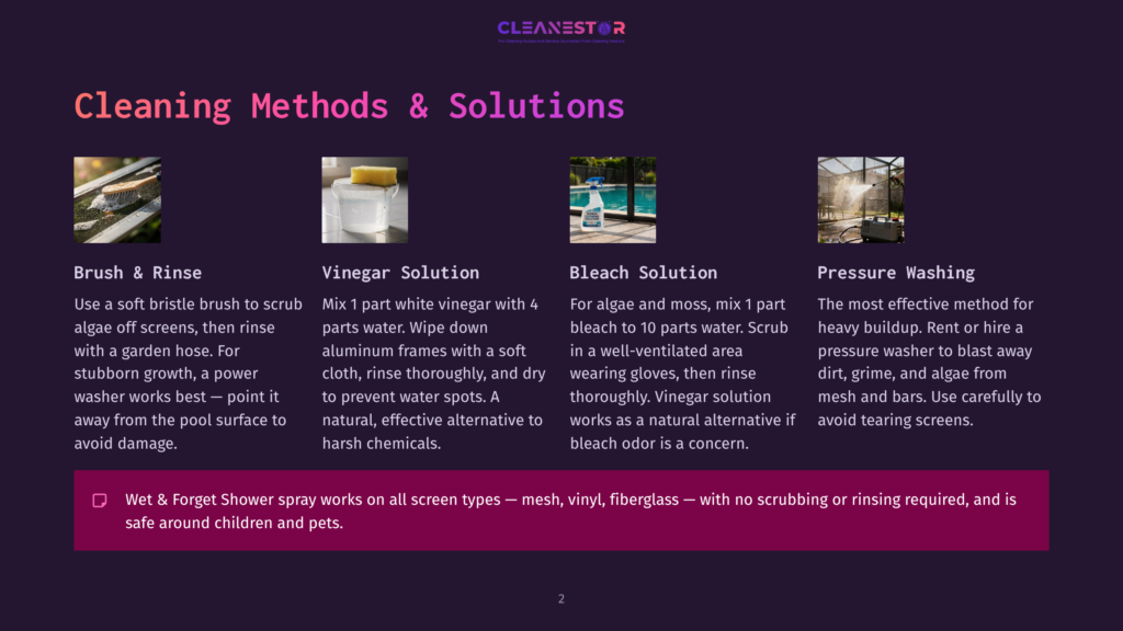 Four Cleaning Methods For Screens: Brush &Amp; Rinse, Vinegar Solution, Bleach Solution, And Pressure Washing. Includes Text Describing Each Method.