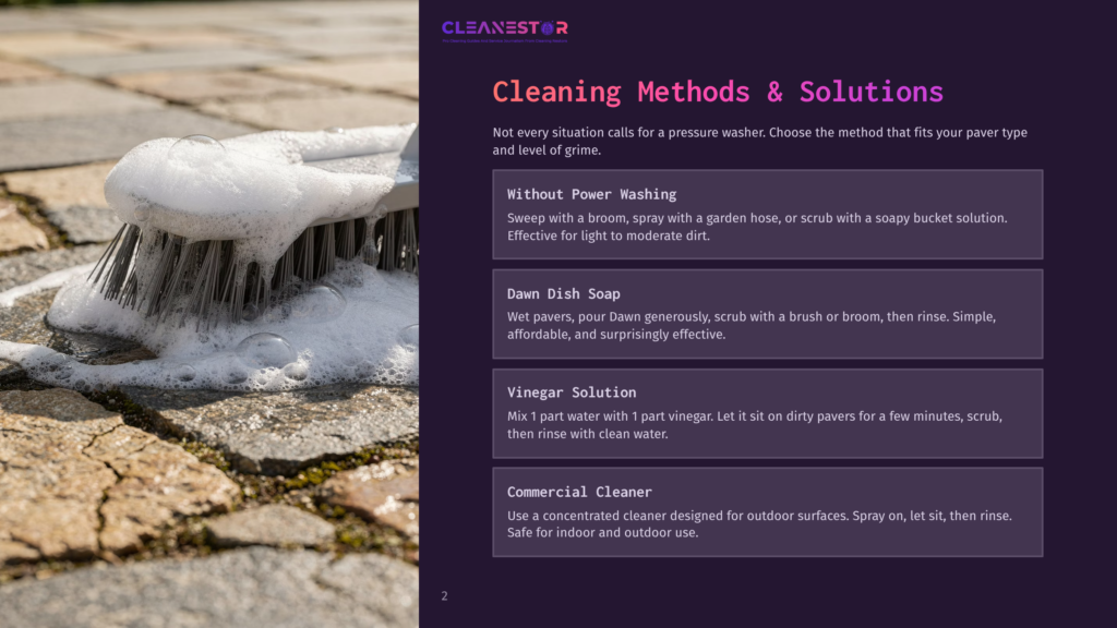 Close-Up Of A Scrub Brush With Thick White Foam And Suds Cleaning A Textured Cobblestone Patio. The Image Highlights Cleaning Methods And Solutions For Outdoor Surfaces.
