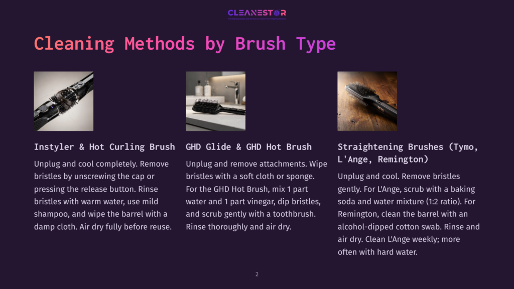 2 Cleaning Methods By Brush Type Three Different Hair Styling Tools: An Instyler Curling Iron, A Ghd Hot Brush, And A Tymo Straightening Brush, Are Displayed Against A Dark Background, With Text Describing Their Cleaning Methods.