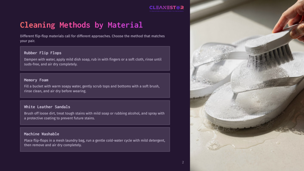 A Hand Uses A White Brush To Scrub A White Flip-Flop Covered In Soap Suds, With Another Flip-Flop In The Background, On A Wet, Tiled Surface.