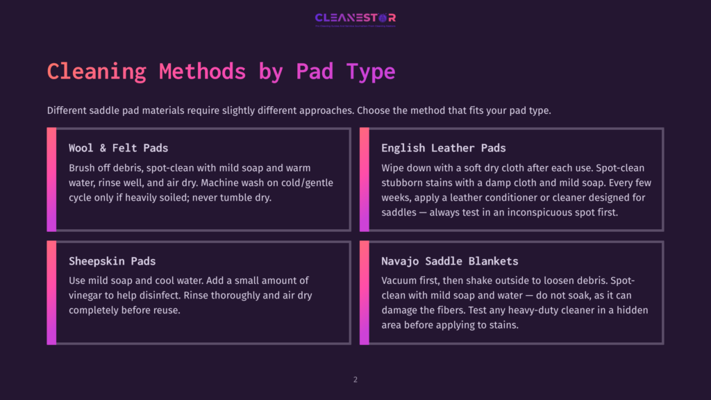 Infographic Titled &Quot;Cleaning Methods By Pad Type&Quot; With Sections On Wool &Amp; Felt Pads, English Leather Pads, Sheepskin Pads, And Navajo Saddle Blankets, Detailing Cleaning Instructions For Each.