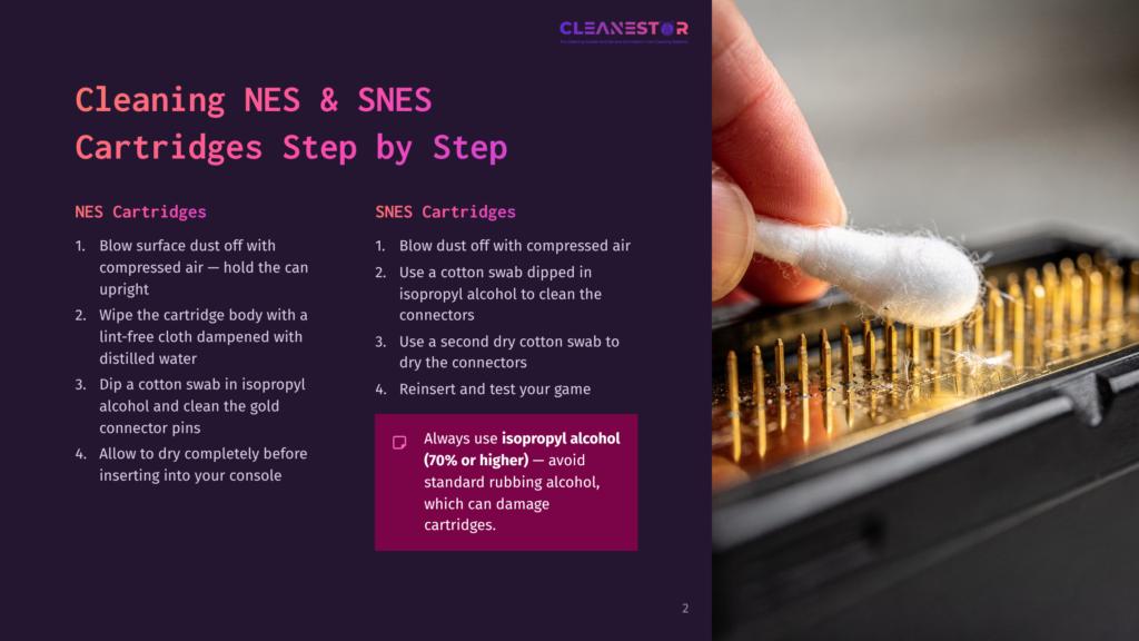 Close-Up Of A Hand Holding A Cotton Swab, Cleaning The Gold Connectors Of A Retro Game Cartridge, Likely For Nes Or Snes.