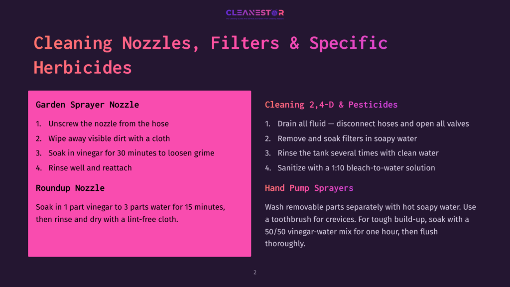 2 Cleaning Nozzles Filters And Specific Herbicides A Dark Purple Slide With Pink Text Titled &Quot;Cleaning Nozzles, Filters &Amp; Specific Herbicides.&Quot; It Details Cleaning Instructions For Garden Sprayers And Hand Pump Sprayers, Including Steps For Using Vinegar And Bleach Solutions.