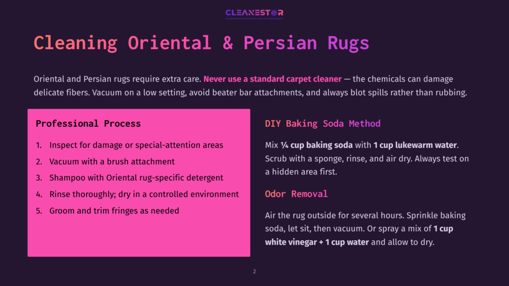Infographic Detailing How To Clean Oriental And Persian Rugs, With Steps For Professional Cleaning And Diy Solutions For Odor Removal Using Baking Soda And Vinegar.