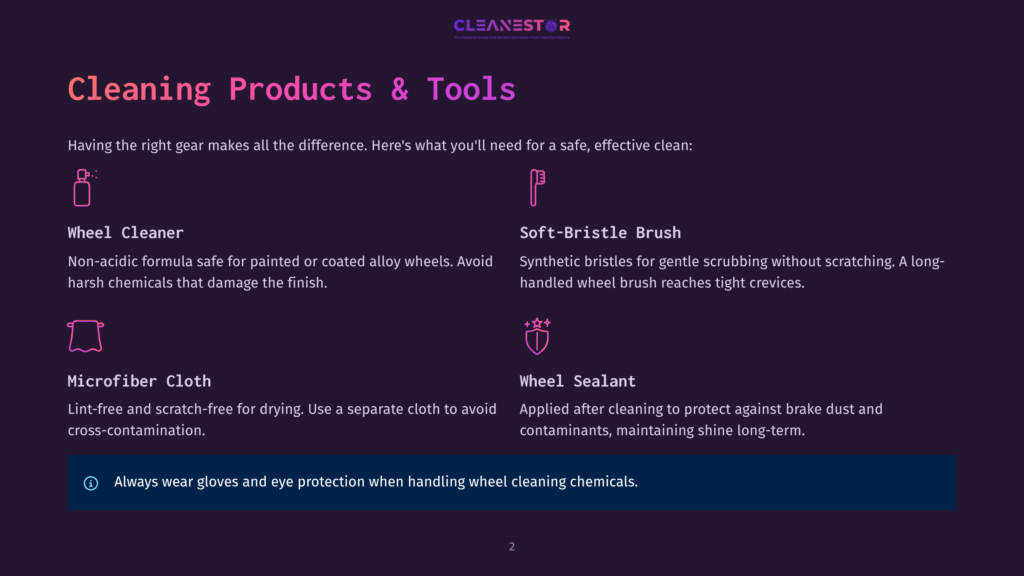 Image Showcasing Cleaning Products And Tools For Wheels: Wheel Cleaner, Soft-Bristle Brush, Microfiber Cloth, And Wheel Sealant. Text Emphasizes Safe And Effective Cleaning. Includes A Safety Warning About Gloves And Eye Protection.