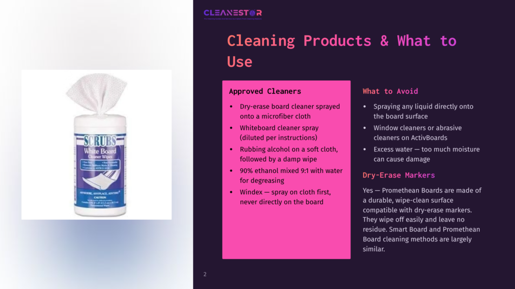 A Bottle Of Scrubs White Board Cleaner Wipes In A Blue And White Package, Surrounded By A List Of Approved Cleaning Products And What To Avoid On A Pink And White Background.