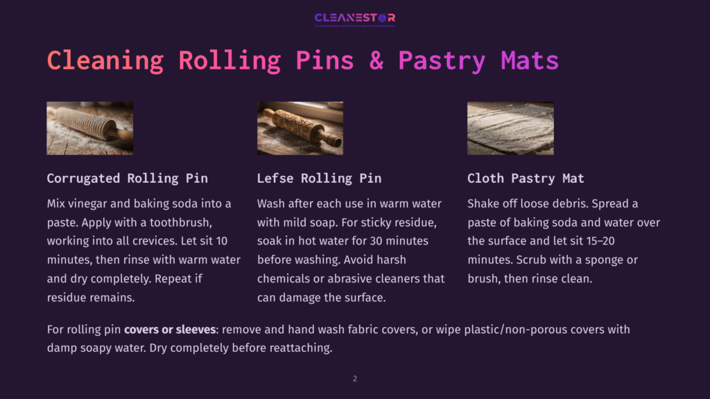 Three Images Show Methods For Cleaning Rolling Pins And Pastry Mats: A Corrugated Rolling Pin And Baking Soda, A Carved Rolling Pin In Warm, Soapy Water, And A Cloth Pastry Mat Being Scrubbed.