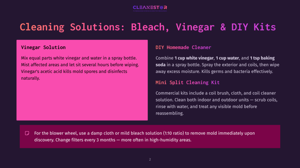 A Slide Titled &Quot;Cleaning Solutions: Bleach, Vinegar &Amp; Diy Kits&Quot; Displays Information On Homemade Cleaning Solutions, Including A Vinegar Solution Recipe And A &Quot;Mini Split Cleaning Kit&Quot; For Hvac Systems, With An Emphasis On Mold Removal.