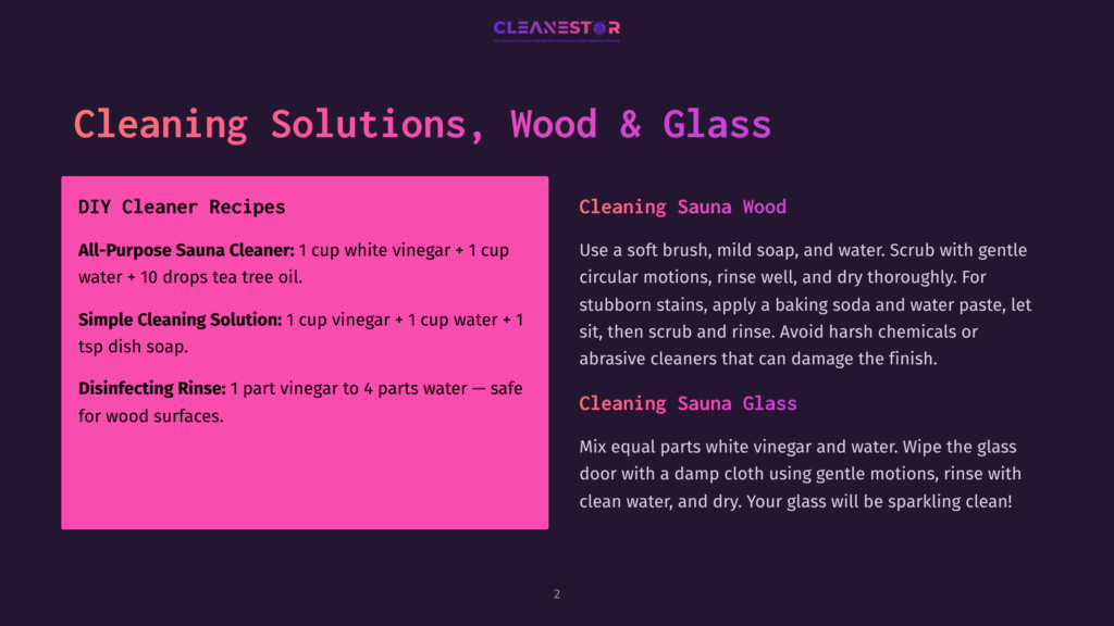 Dark Background With &Quot;Cleanestor&Quot; Logo At The Top. Left Side Has A Pink Rectangle With &Quot;Diy Cleaner Recipes&Quot; And Recipes For &Quot;All-Purpose Sauna Cleaner,&Quot; &Quot;Simple Cleaning Solution,&Quot; And &Quot;Disinfecting Rinse.&Quot; Right Side Has &Quot;Cleaning Sauna Wood&Quot; And &Quot;Cleaning Sauna Glass&Quot; With Instructions.
