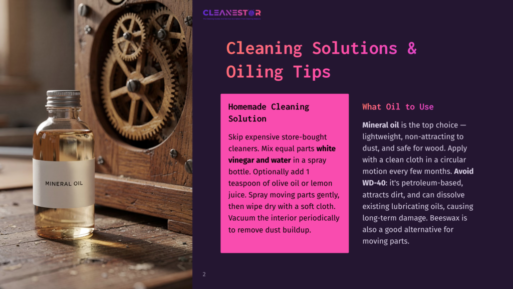 A Glass Bottle Of Mineral Oil Sits On A Wooden Surface Next To A Vintage Clockwork Mechanism. The Bottle Is Labeled &Quot;Mineral Oil,&Quot; And A Pink Infographic Titled &Quot;Homemade Cleaning Solution&Quot; With Cleaning Tips Is To The Right.