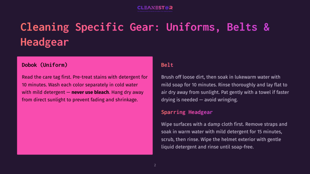 Instruction Manual Page With Text About Cleaning Uniforms, Belts, And Headgear. The Page Has Sections Titled 'Dobok (Uniform)', 'Belt', And 'Sparring Headgear', With Specific Instructions For Cleaning Each Type Of Gear.