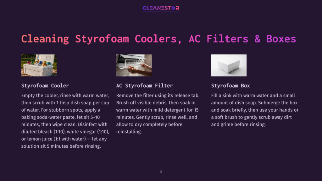 Three Images Showing Cleaning Processes For Styrofoam Cooler, Ac Filter, And Box. The First Image Depicts A Styrofoam Cooler Being Cleaned With Dish Soap, The Second A Styrofoam Filter Being Cleaned With Water And Detergent, And The Third A Styrofoam Box Being Cleaned With Soap And A Soft Brush.