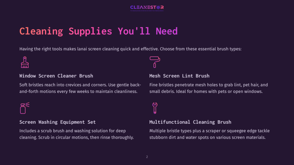 A Webpage With A Purple Background Showcasing Essential Cleaning Supplies For Lanai Screen Cleaning, Including A Window Screen Cleaner Brush With Soft Bristles And A Mesh Screen Lint Brush With Fine Bristles.