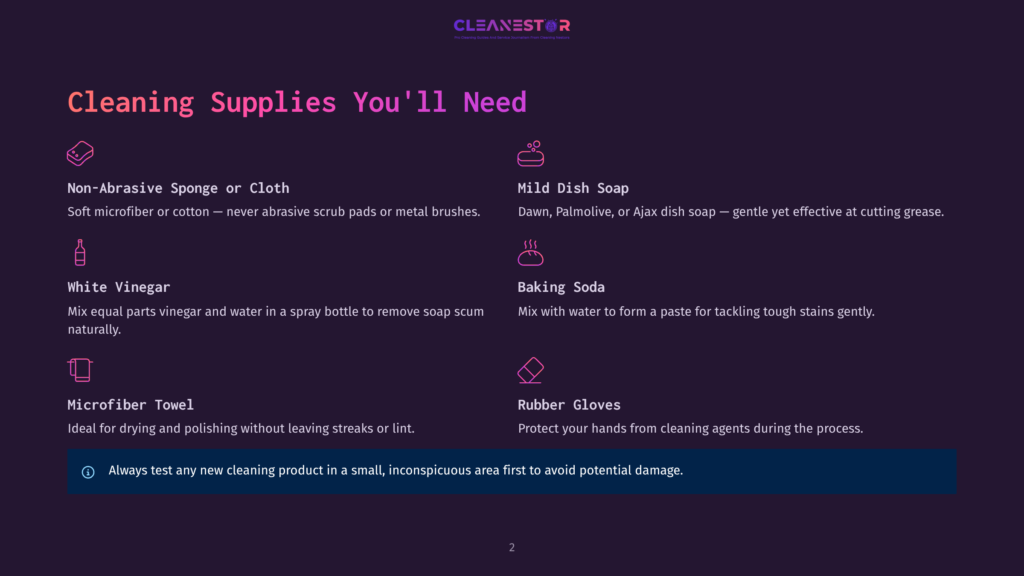 A Purple Background Displays A List Of Essential Cleaning Supplies, Including A Non-Abrasive Sponge, Mild Dish Soap, White Vinegar, Baking Soda, A Microfiber Towel, And Rubber Gloves. Each Item Is Accompanied By A Brief Description Of Its Use And Benefits.