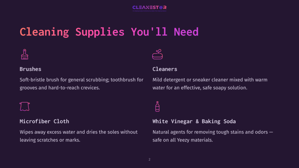 A Dark Purple Background Displays A Graphic With The Text &Quot;Cleanestor&Quot; At The Top. Below, &Quot;Cleaning Supplies You'Ll Need&Quot; Is Prominently Displayed In Pink And Purple. The Graphic Is Divided Into Three Sections, Each Featuring An Icon And Text Describing Cleaning Essentials: &Quot;Brushes,&Quot; &Quot;Microfiber Cloth,&Quot; And &Quot;Cleaners,&Quot; &Quot;White Vinegar &Amp; Baking Soda.