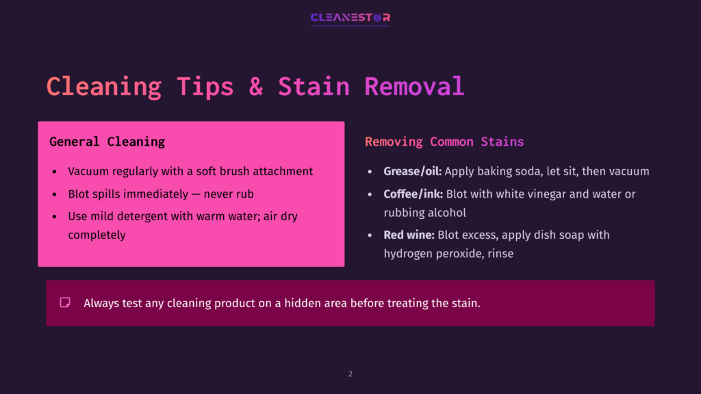 Cleaning Tips And Stain Removal Guide From Cleanestor. Features General Cleaning Advice And Specific Stain Removal Tips For Grease/Oil, Coffee/Ink, And Red Wine.