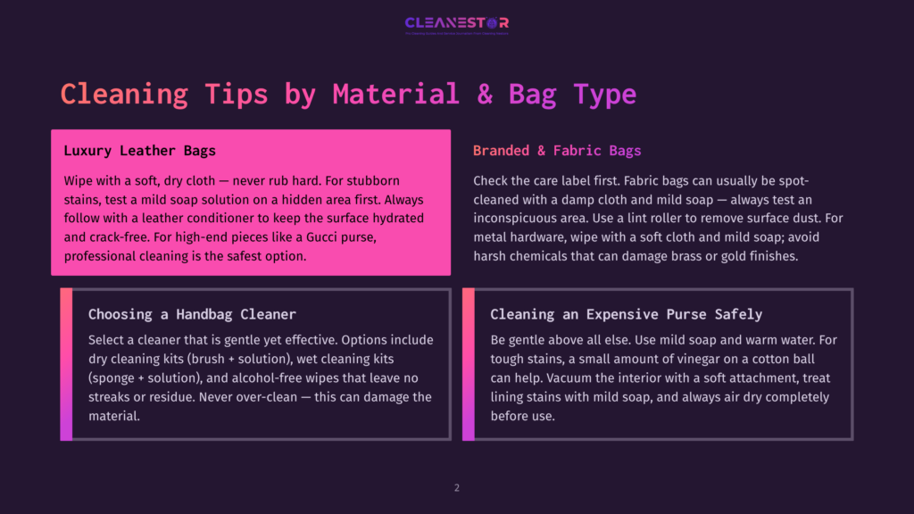 Infographic With Text About Cleaning Tips For Luxury Leather Bags And Branded Fabric Bags, And How To Choose A Handbag Cleaner And Clean An Expensive Purse Safely.