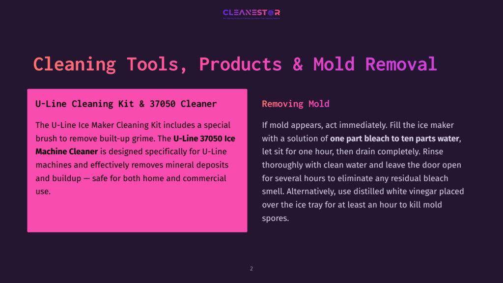 An Image Of A U-Line Ice Maker Cleaning Kit And 37050 Cleaner, Featuring A Special Brush To Remove Built-Up Grime, On A Dark Background With A Pink Section Highlighting The Product Details.