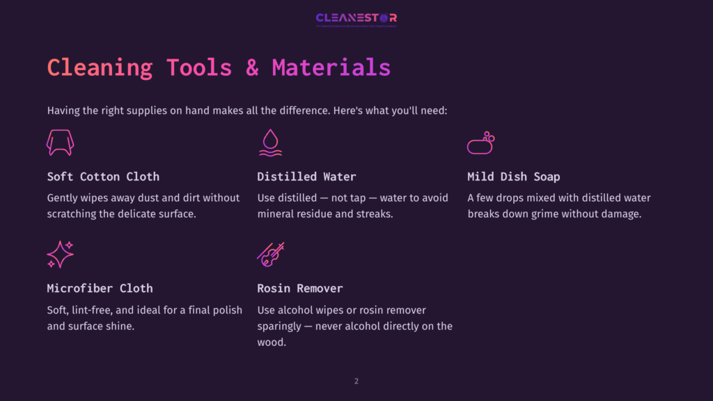 Infographic Titled &Quot;Cleaning Tools &Amp; Materials&Quot; From Cleanestor, Listing And Illustrating Soft Cotton Cloth, Distilled Water, Mild Dish Soap, Microfiber Cloth, And Rosin Remover For Cleaning Surfaces.