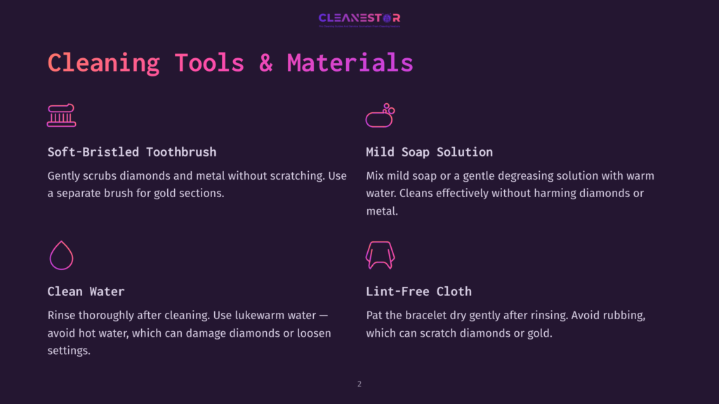 Infographic Outlining Cleaning Tools And Materials For Jewelry: Soft-Bristled Toothbrush, Mild Soap Solution, Clean Water, And Lint-Free Cloth.