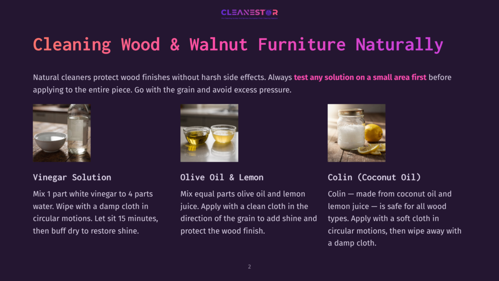Three Natural Wood Furniture Cleaning Solutions: Vinegar And Water, Olive Oil And Lemon, And Coconut Oil And Lemon, In Glass Jars And Bottles.