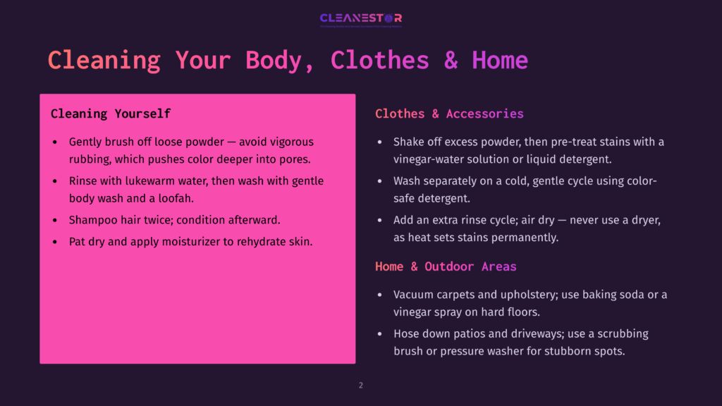 2 Cleaning Your Body Clothes And Home Presentation Slide Titled &Quot;Cleaning Your Body, Clothes &Amp; Home&Quot; With Tips For Personal Hygiene, Laundry, And Household Cleaning, Featuring Bullet Points And The Cleanestor Logo.