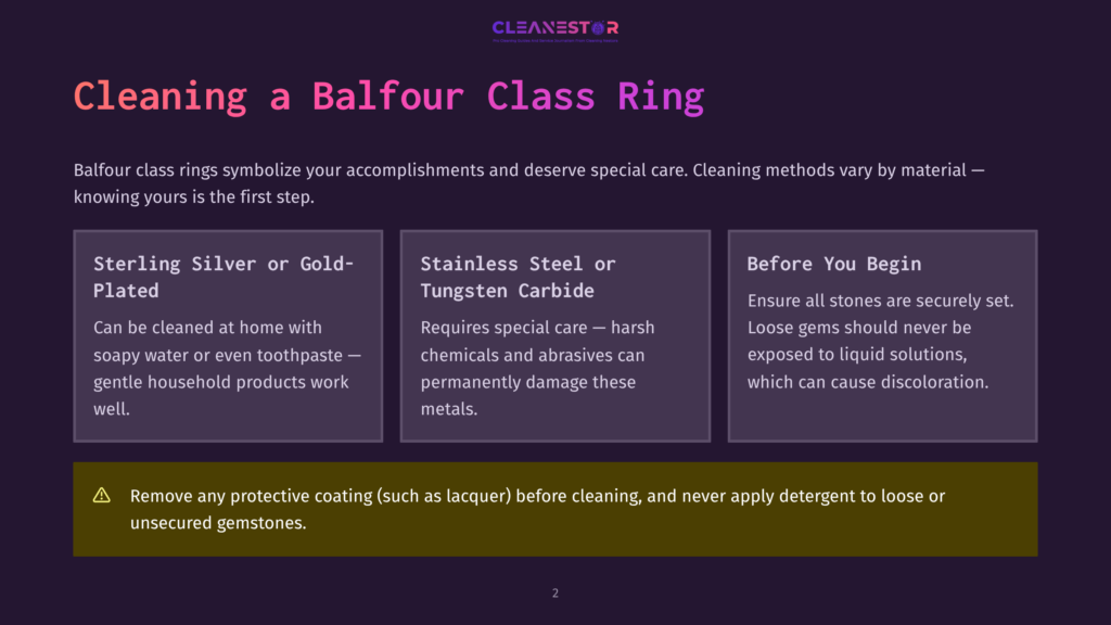A Screenshot From A Website Detailing Cleaning A Balfour Class Ring. It Features Three Sections Titled &Quot;Sterling Silver Or Gold-Plated,&Quot; &Quot;Stainless Steel Or Tungsten Carbide,&Quot; And &Quot;Before You Begin.&Quot; The Layout Is Clear With Text Instructions And Bullet Points, Providing Care Tips For Different Types Of Rings.
