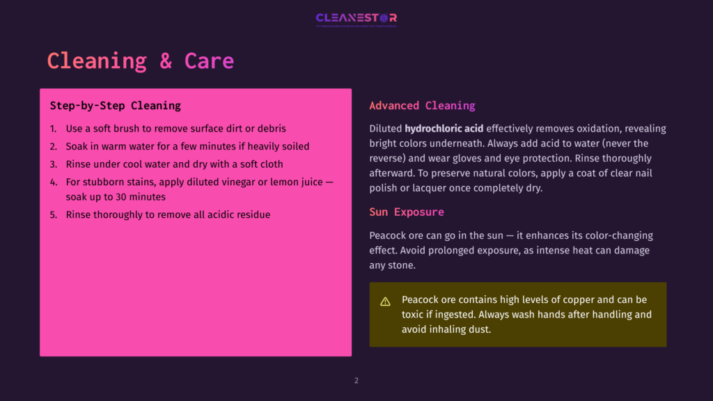 2 Cleaning And Care Step-By-Step Cleaning Guide For Cleaning And Care, Featuring Instructions For Removing Dirt, Soaking, Rinsing, And Using Vinegar Or Lemon Juice, With A Section On Advanced Cleaning And Sun Exposure.