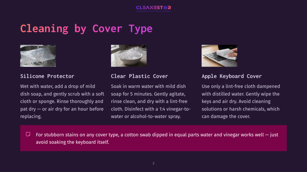Three Images Showing Cleaning Methods For Different Keyboard Covers: A Silicone Keyboard Protector, A Clear Plastic Keyboard Cover In Soapy Water, And An Apple Keyboard Cover Being Wiped With A Lint-Free Cloth.
