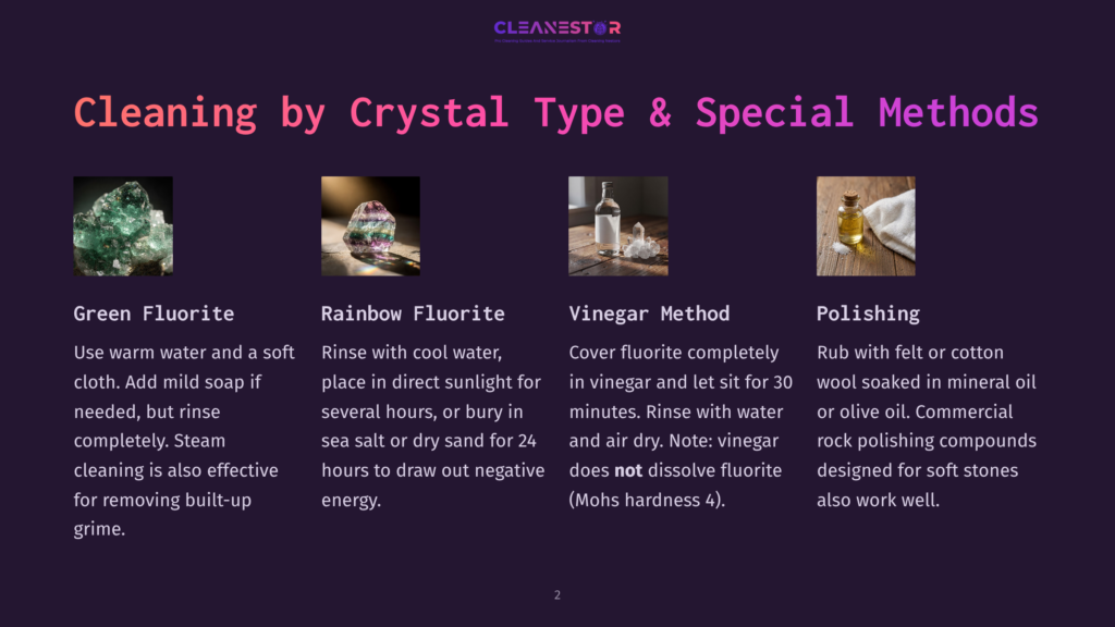 A Presentation Slide With Four Crystal Cleaning Methods: Green Fluorite, Rainbow Fluorite, Vinegar Method, And Polishing. Each Section Features An Image And Descriptive Text About Cleaning And Caring For Crystals.