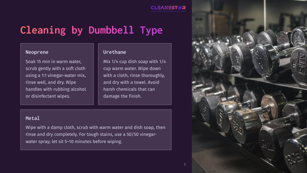 2 Cleaning By Dumbbell Type Rusty Dumbbells Neatly Arranged On Gym Racks, With Text Instructions On Cleaning Neoprene, Urethane, And Metal Gym Equipment.