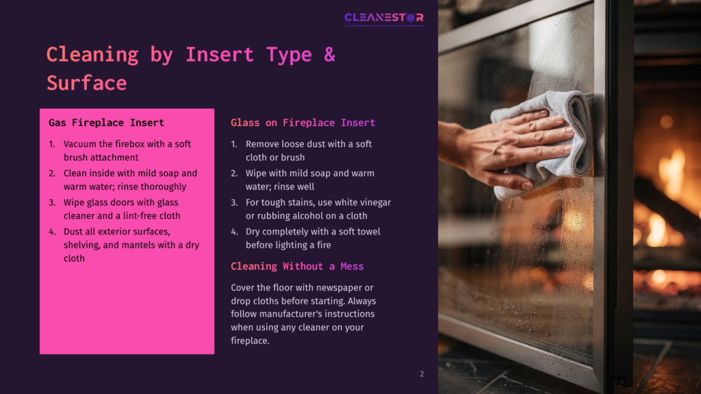 A Hand With A Grey Cloth Cleans A Glass Fireplace Insert, Removing Soot And Grime. The Background Shows A Warm, Glowing Fireplace.