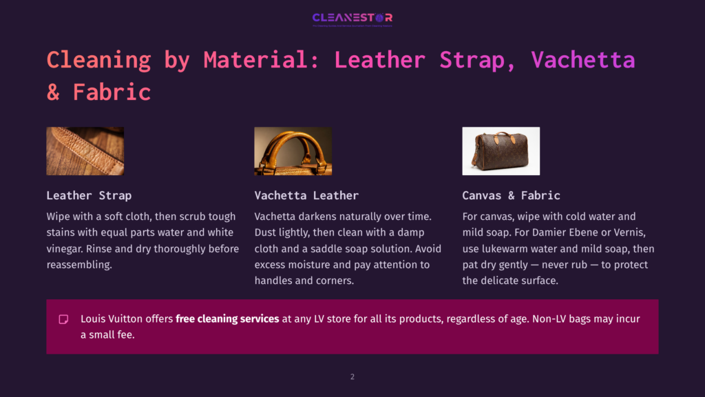 2 Cleaning By Material Leather Strap Vachetta And Fabric Three Panels Show Cleaning Tips For Leather And Fabric: A Close-Up Of Textured Leather, A Vachetta Leather Bag Handle, And A Louis Vuitton Bag. Text Includes &Quot;Cleaning By Material: Leather Strap, Vachetta &Amp; Fabric&Quot; And &Quot;Louis Vuitton Offers Free Cleaning Services&Quot;.