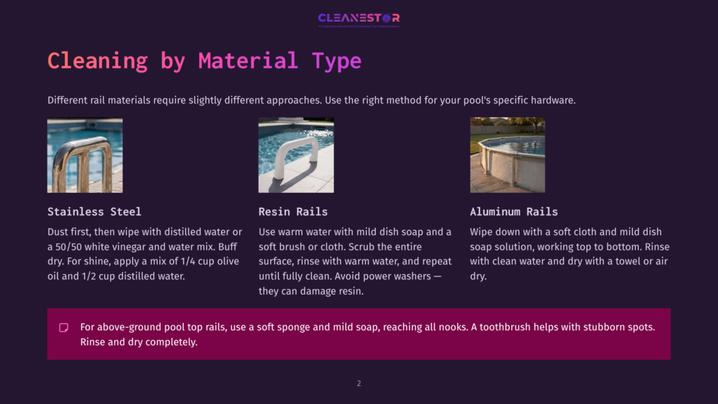 Three Types Of Pool Rails: Gleaming Stainless Steel With A Textured Grip, White Resin Rails With A Smooth Finish, And A Weathered Aluminum Rail With A Visible Seam. Text Overlays Describe Cleaning Methods For Each.