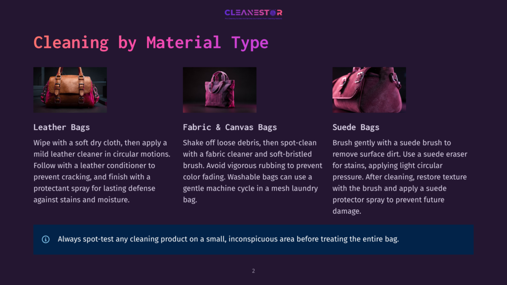 Three Bags With Cleaning Tips: A Brown Leather Bag, A Pink Fabric Bag, And A Purple Suede Bag, With Text Providing Instructions For Cleaning Each Material Type.
