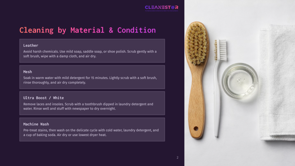 2 Cleaning By Material And Condition A Cleaning Guide Shows How To Clean Different Materials And Conditions, Featuring A Wooden-Handled Brush, A Toothbrush, And A Small Bowl Of Liquid Next To A White Folded Towel.