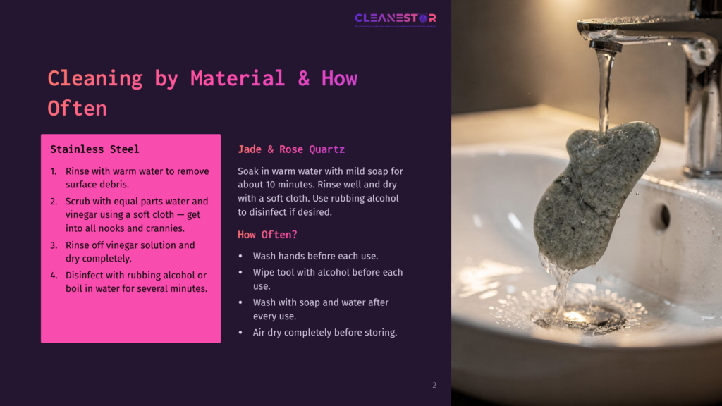 2 Cleaning By Material And How Often A Close-Up Of Water Pouring From A Modern Chrome Faucet Into A White Ceramic Sink, With A Green Jade Gua Sha Tool Resting On The Edge Of The Sink.
