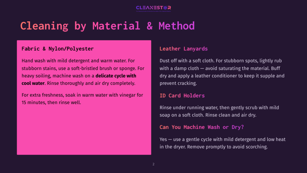 A Purple Background Displays A Cleaning Guide For Various Materials. It Includes Instructions For Cleaning Fabric, Nylon, Polyester, Leather, And Id Card Holders. The Text Provides Detailed Methods Such As Hand Washing, Using A Delicate Cycle, Buffing, And Rinsing With Soap And Water.