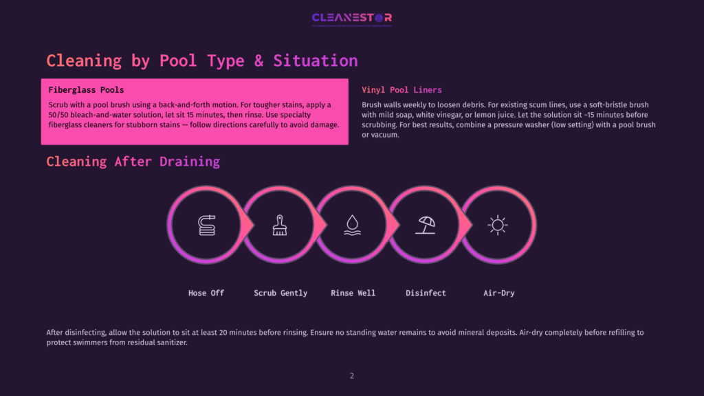2 Cleaning By Pool Type And Situation Diagram Illustrating Fiberglass Pool And Vinyl Pool Liner Cleaning Steps: Hose Off, Scrub Gently, Rinse Well, Disinfect, And Air-Dry. Includes Text On Cleaning Fiberglass Pools And Vinyl Pool Liners.