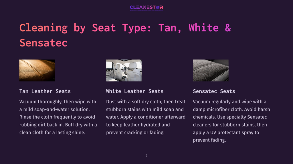 2 Cleaning By Seat Type Tan White And Sensatec Close-Up Of Tan Leather Seats In A Car, Showing Texture And Stitching. Other Images Show White Leather Seats And Sensatec Seats.