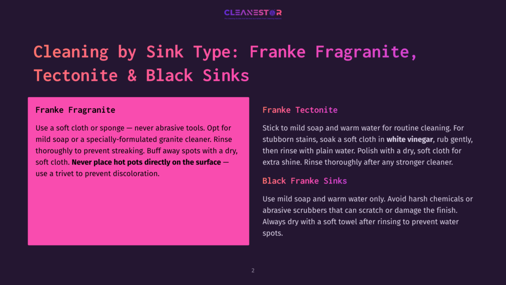 Cleaning Guide For Franke Fragranite, Tectonite, And Black Sinks, Detailing Cleaning Methods And Recommended Products Like Mild Soap, Vinegar, And Soft Cloths.