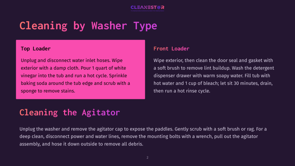 2 Cleaning By Washer Type Diagram Detailing How To Clean A Top Loader Washing Machine And Front Loader Washing Machine, With Instructions For Cleaning The Agitator. Text Includes Cleaning Tips And Product Recommendations.