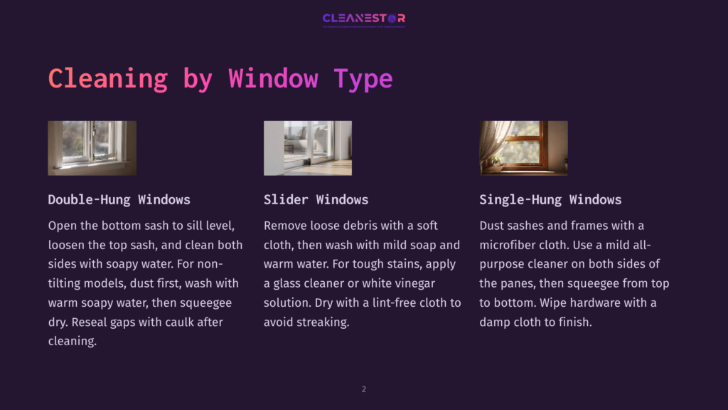 Three Types Of Windows: Double-Hung, Slider, And Single-Hung, Shown With Cleaning Instructions. &Quot;Cleaning By Window Type&Quot; Is The Title.