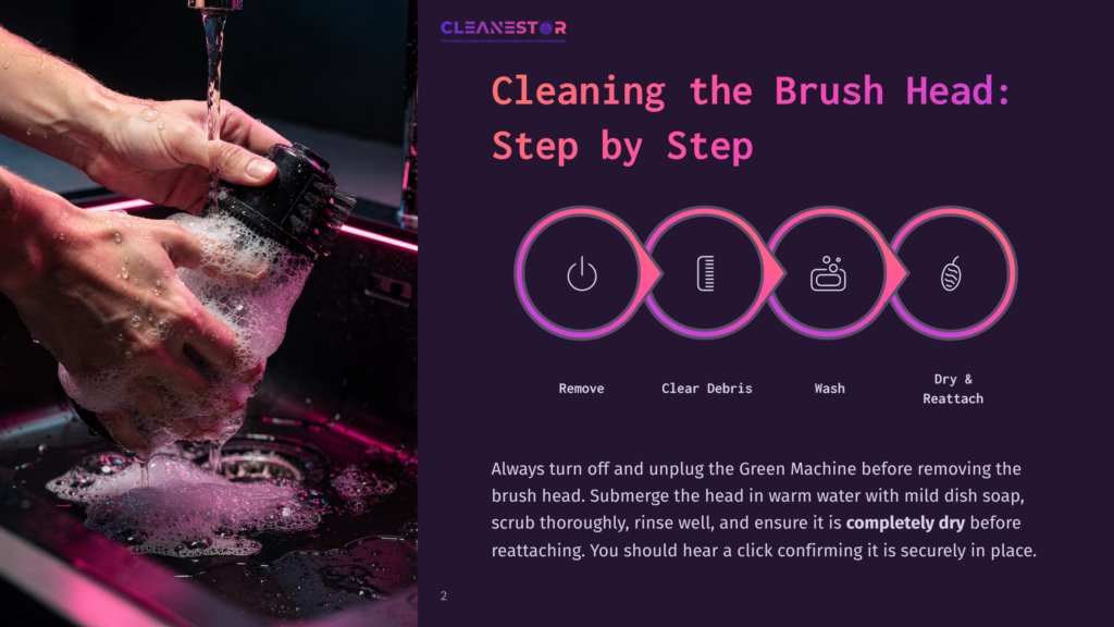 Close-Up Of Hands Washing A Black Brush Head Under A Stream Of Water In A Sink, Creating Suds. Text Overlay Reads &Quot;Cleanestor Cleaning The Brush Head: Step By Step&Quot; With Icons Illustrating Dry, Wash, And Clean Debris.