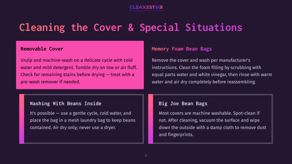2 Cleaning The Cover And Special Situations Infographic With Text Detailing Cleaning Instructions For Bean Bag Chairs, Covering Removable Covers And Foam Filling, And Washing With Beans Inside.