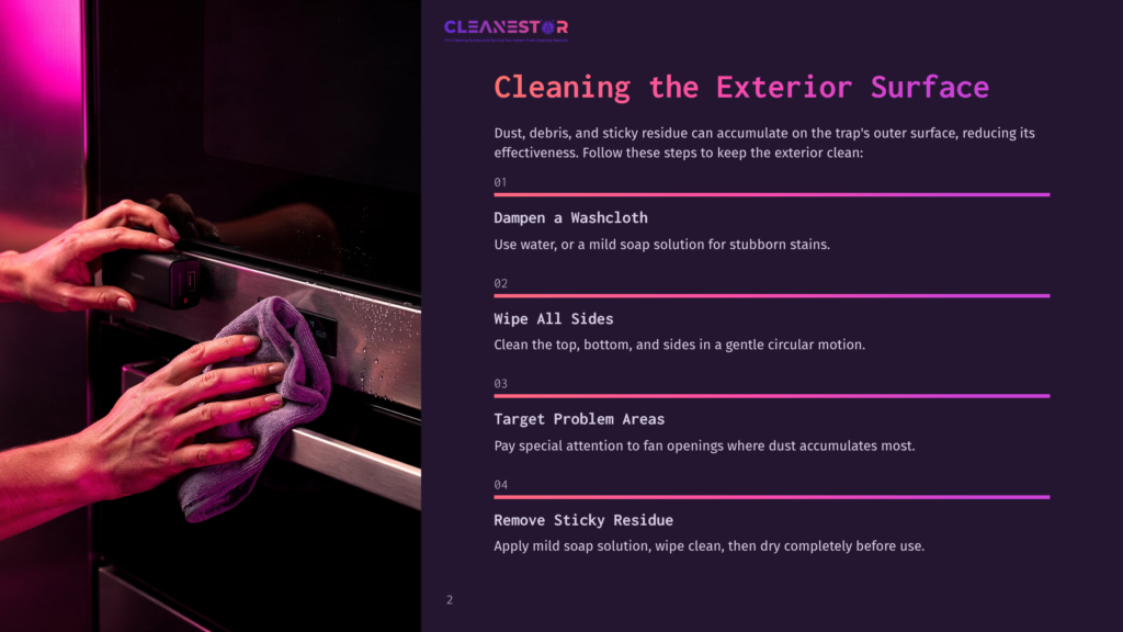Cleaning The Exterior Surface Of An Appliance With A Purple Microfiber Cloth. The Text Reads &Quot;Cleanestor&Quot; And &Quot;Cleaning The Exterior Surface&Quot;.